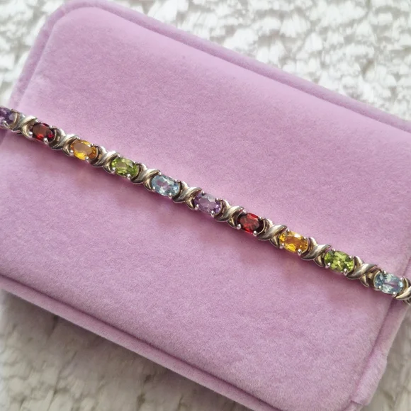 Vintage Sterling Silver XO Multi-Color Gemstone Tennis Bracelet - Picture 2 of 12
